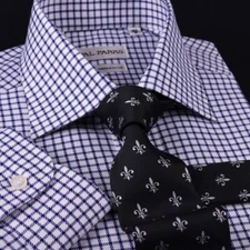 Navy Blue Double Plaid Formal Business Dress Shirt Mens Check Checkers Style Top