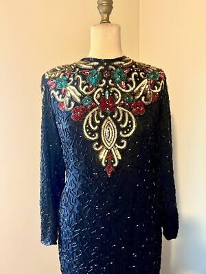 Black Vintage Dynasty La Scala Beaded Silk Gown Prom Special Occasion Size Large
