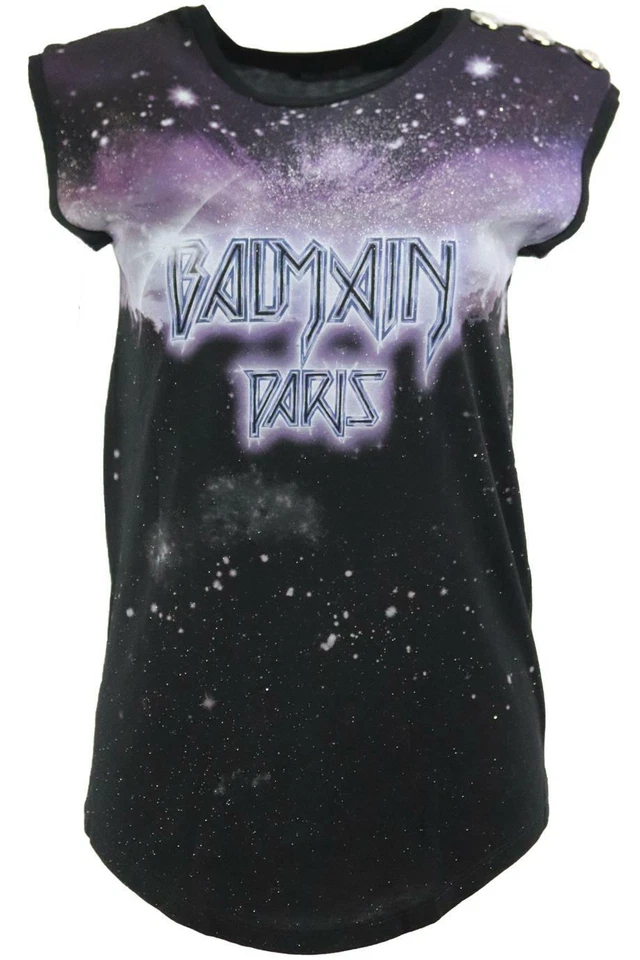 BALMAIN EMBELLISHED PRINTED COTTON JERSEY TOP FR 36 UK 8