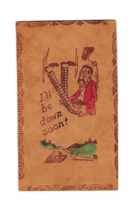 Early 1900's Leather Postcard Man In the Air, ''I'll Be Down Soon''