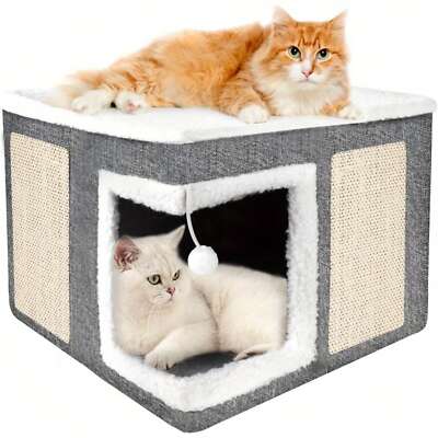 Indoor cat bed, large cat house with two scratching boards and hanging ball