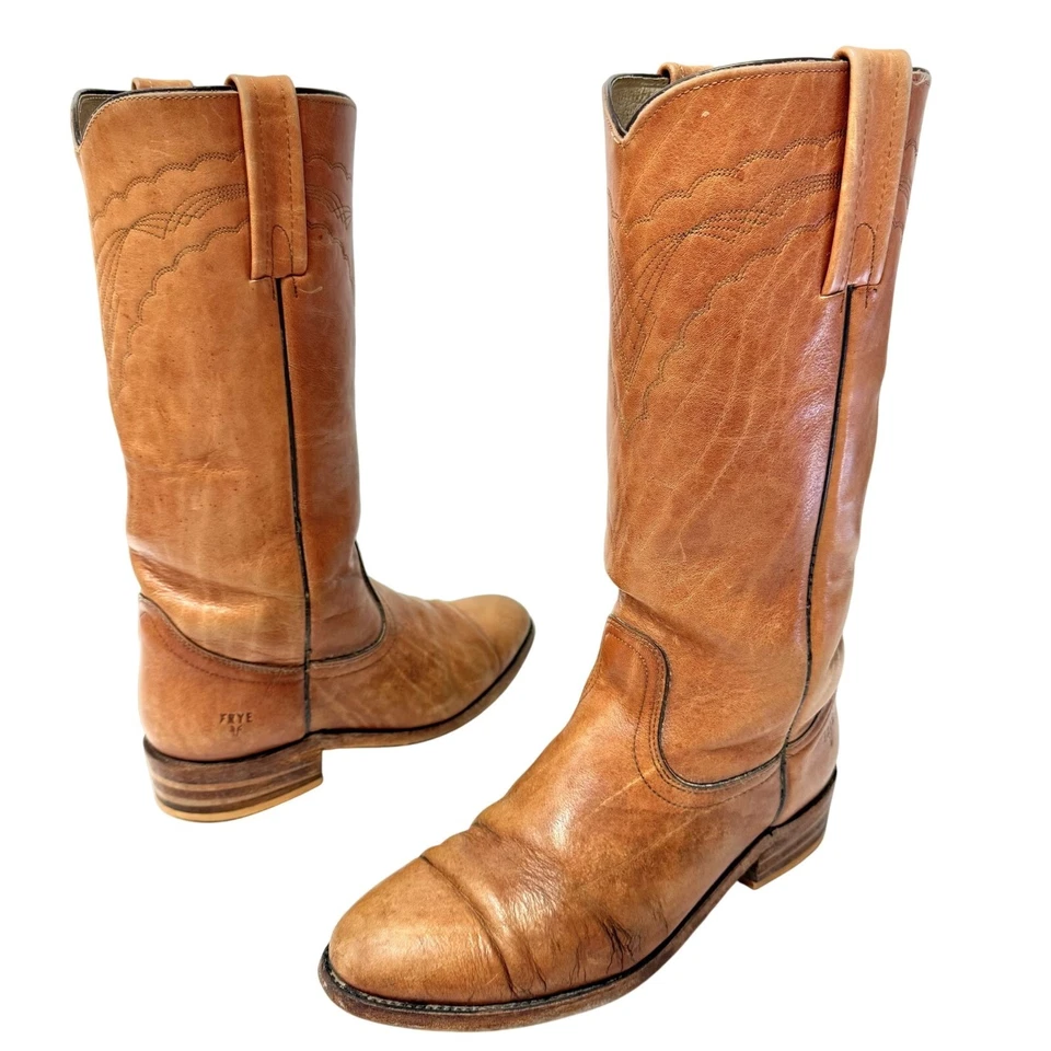 Botas de montar de colección años 70 FRYE COÑAC cuero envejecido vaquero campus occidental hippie Foto 2 de 4