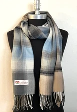 Winter Warm 100% Cashmere Scarf Wrap Made in England Plaid Gray/Blue/Black/Cream