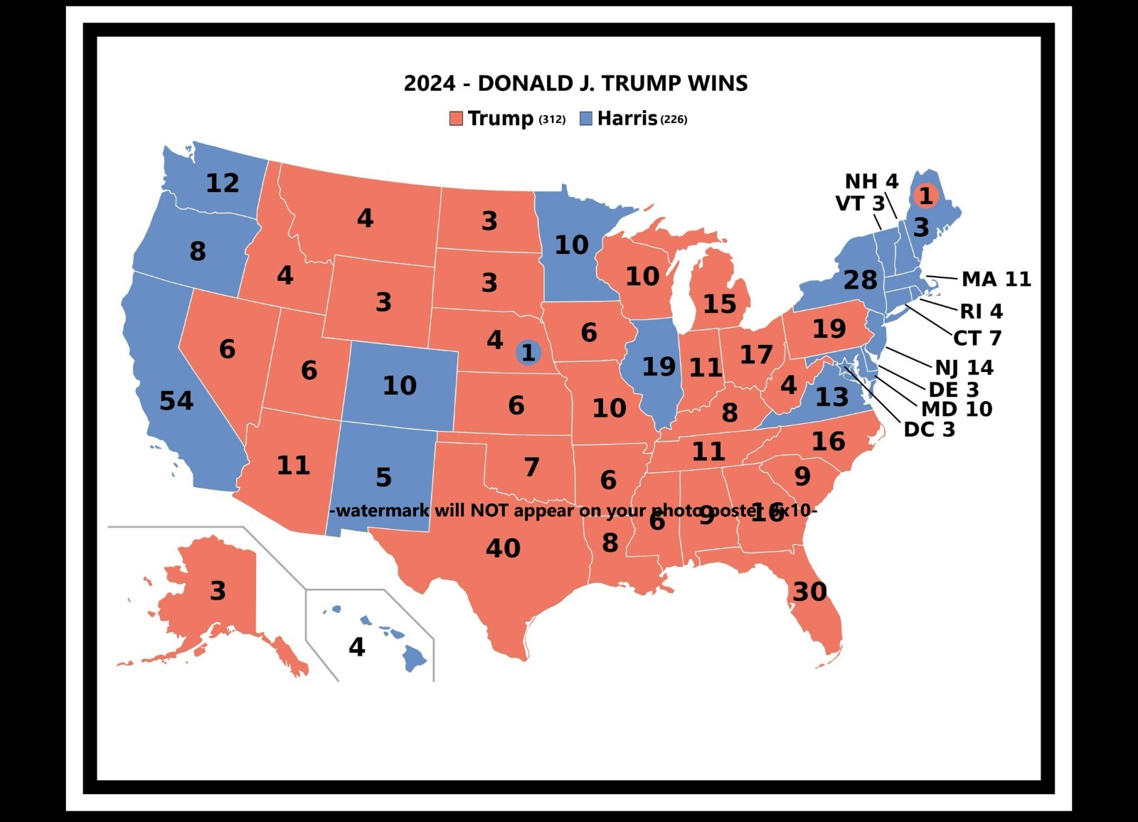8x10 Donald Trump Official Election Results PHOTO Map Poster 2024 TRUMP WINS