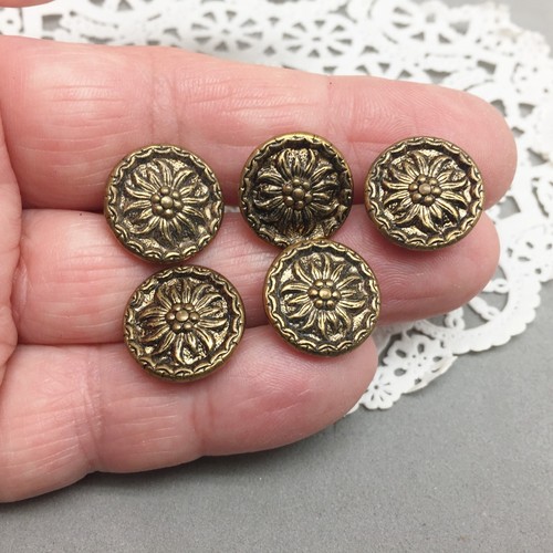 Antique Sewing Button Brass Metal Set 5 Floral Flower 5/8" Repousse Art Nouveau - 第 3/3 張圖片