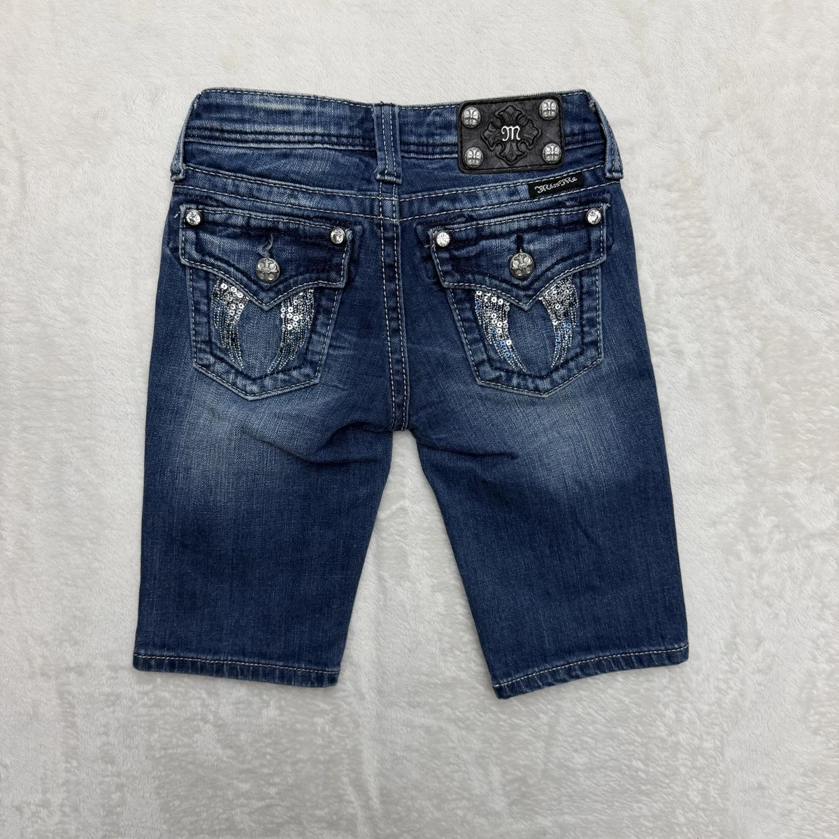 Short Miss Me Jeans Bermuda Femme - Taille 14 - Bleu Avec Croix En Cuir