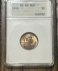 1919 Lincoln Wheat Cent In Fatty Holder ANAC MS 64 Red Rev Golden Luster
