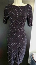 Whistles Black Polka Dot Midi Dress UK6 Ruched Bodycon Work Evening Smart