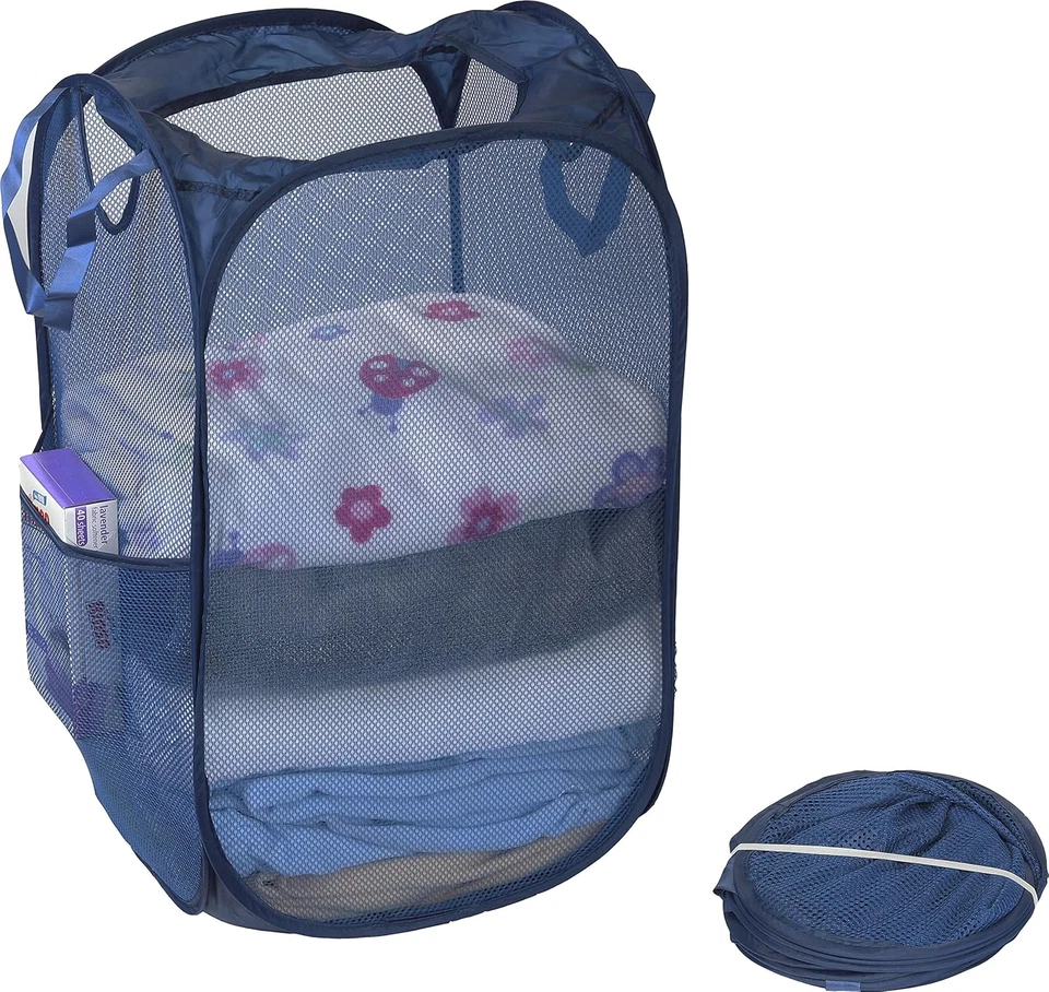 Mesh Pop-Up Laundry Hamper Basket with Side Pocket, Dark Blue - 2 Pack - Image 3 of 4