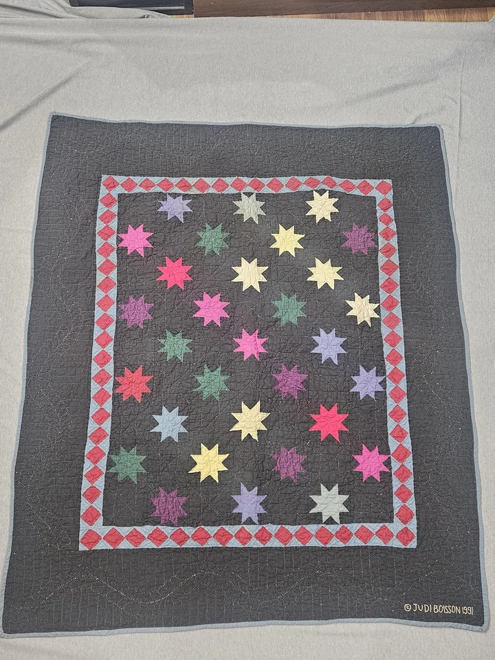 Edredón colgante de pared vintage Judi Boisson Star 1991 gris multicolor 100 % algodón Foto 2 de 4