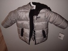 DKNY Reversible Faux Fur Puffer Jacket Grey Heather 12M Hooded Lined