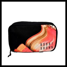 Bobbi Brown Black Canvas Zippered Cosmetic Makeup Bag Case Pink Swirl Logo New