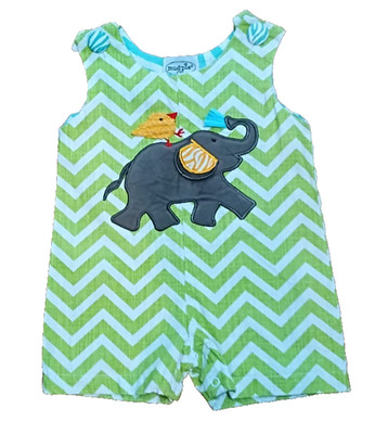 Mud Pie Baby Boy 0-6 Mos Green Multicolor Boutique Sleeveless Elephant Romper