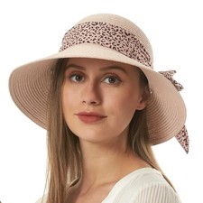 Womens Straw Sun Hat Summer Beach Wide Brim UV Protection One Size Leopard Pink