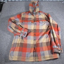 LL Bean Jacket Mens XL Tall Hooded Fleece Lined Orange Plaid Flannel Shirt