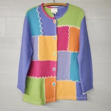 Vintage 90s SUSAN BRISTOL Colorful Patchwork Cardigan Sweater Womens Size Large