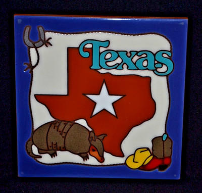 Masterworks Art Tile Trivet Texas Armadillo Lone Star Cowboy Boots 6 x6'' USA