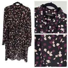 Lane Bryant Dress 20 Plus Size Floral Long Sleeve Button Twist Front Black EUC