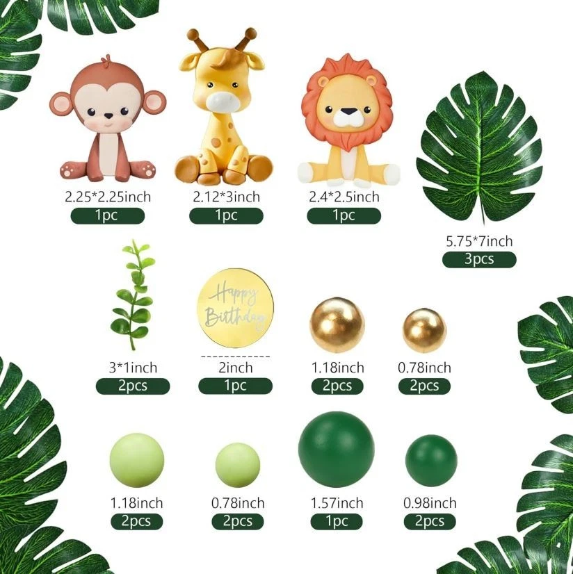 Jungle Safari Animal Cake Topper w/ Balls Palm Leaves Wild Theme Birthday Decor - Image 4 of 4
