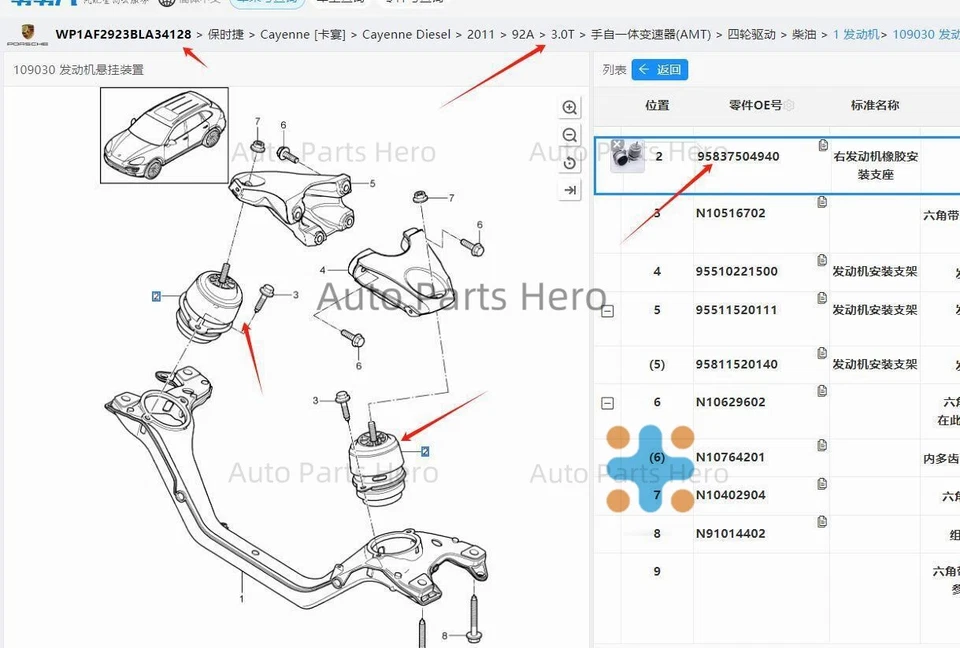 3X Kits de montaje de motor para VW Touareg 7P5 7P6 Porsche Cayenne 92A 3.0 diésel Foto 4 de 4
