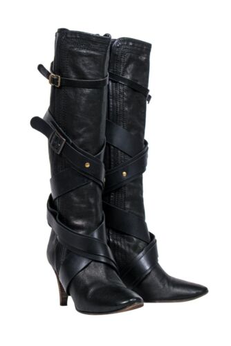 Chloe Black Leather Heeled Tall Boots Wrap Around 
