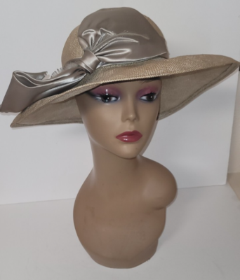 Vintage Mr. Charles Straw Hat Beige with Brown Satin Bow and  display picture 1