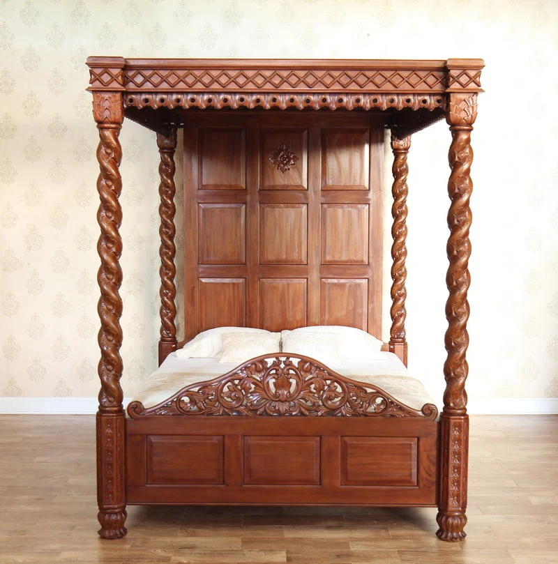 Antique Reproduction Solid Mahogany Hand Carved Janna 4 Poster Canopy Bed B019 - Image 2 of 4
