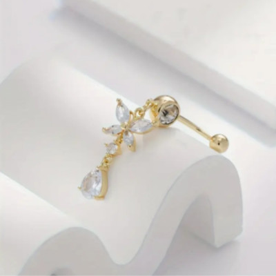 Rhinestone Butterfly Belly Button Ring Pear Drop Crystal CZ Dangle Charm Bling