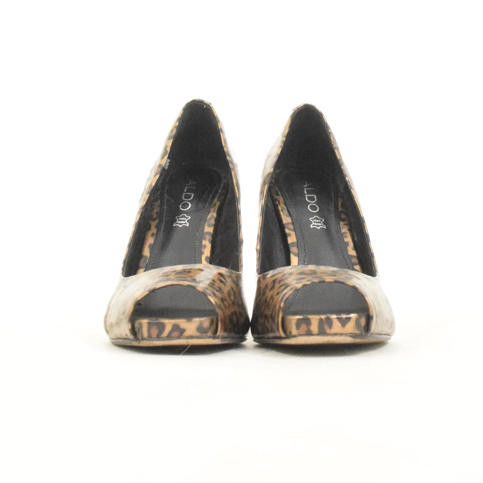 Zapatos de tacón de aguja Aldo 9 bronce brillante estampado de leopardo charol punta abierta Foto 4 de 4