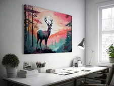 Stag in Vibrant Forest Landscape at Sunset Wall Art Canvas Unframed Print Art