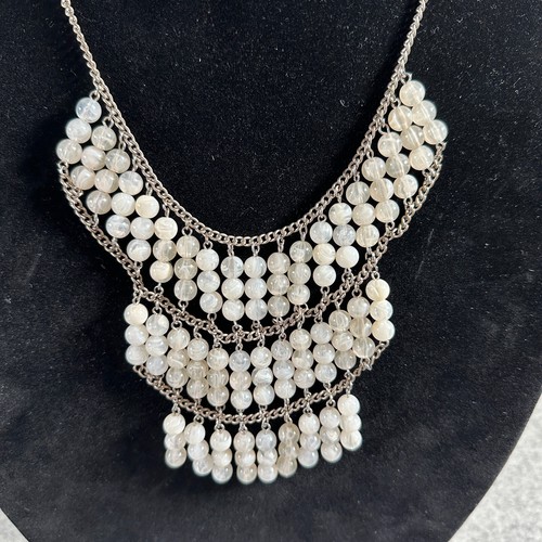 Vintage Statement Necklace Fashion Jewelry Beaded Silver Tone Beige Whimsigoth - Picture 2 of 12