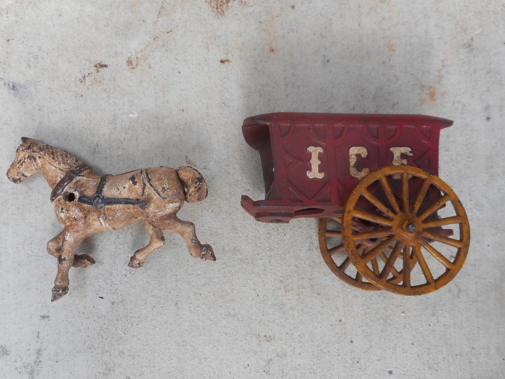 Antique Vintage Cast Iron Toy Horse And ICE Wagon For Parts Horse 5