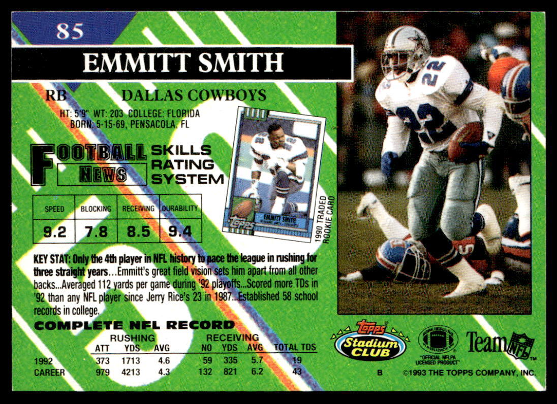 1993 Stadium Club #85 Emmitt Smith Football Dallas Cowboys | eBay
