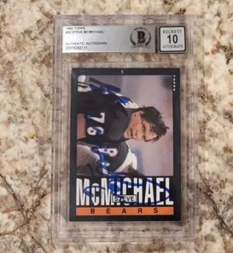 Steve McMichael signed 1985 Topps Rookie card Chicago Bears Beckett BAS 10 Auto