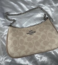 Coach Beige Logo Shoulder Bag Silver Chain Strap Zip Women's Handbag