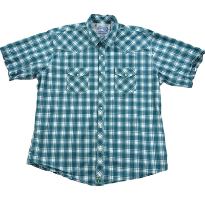 #ad Wrangler 20X Competition Advance Comfort Blue Plaid Pearl Snap 2XL Short Sleeve $23.91