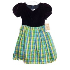 Vintage-Inspired Size 6X Girls Velvet Plaid Holiday Dress With Puff Sleeves