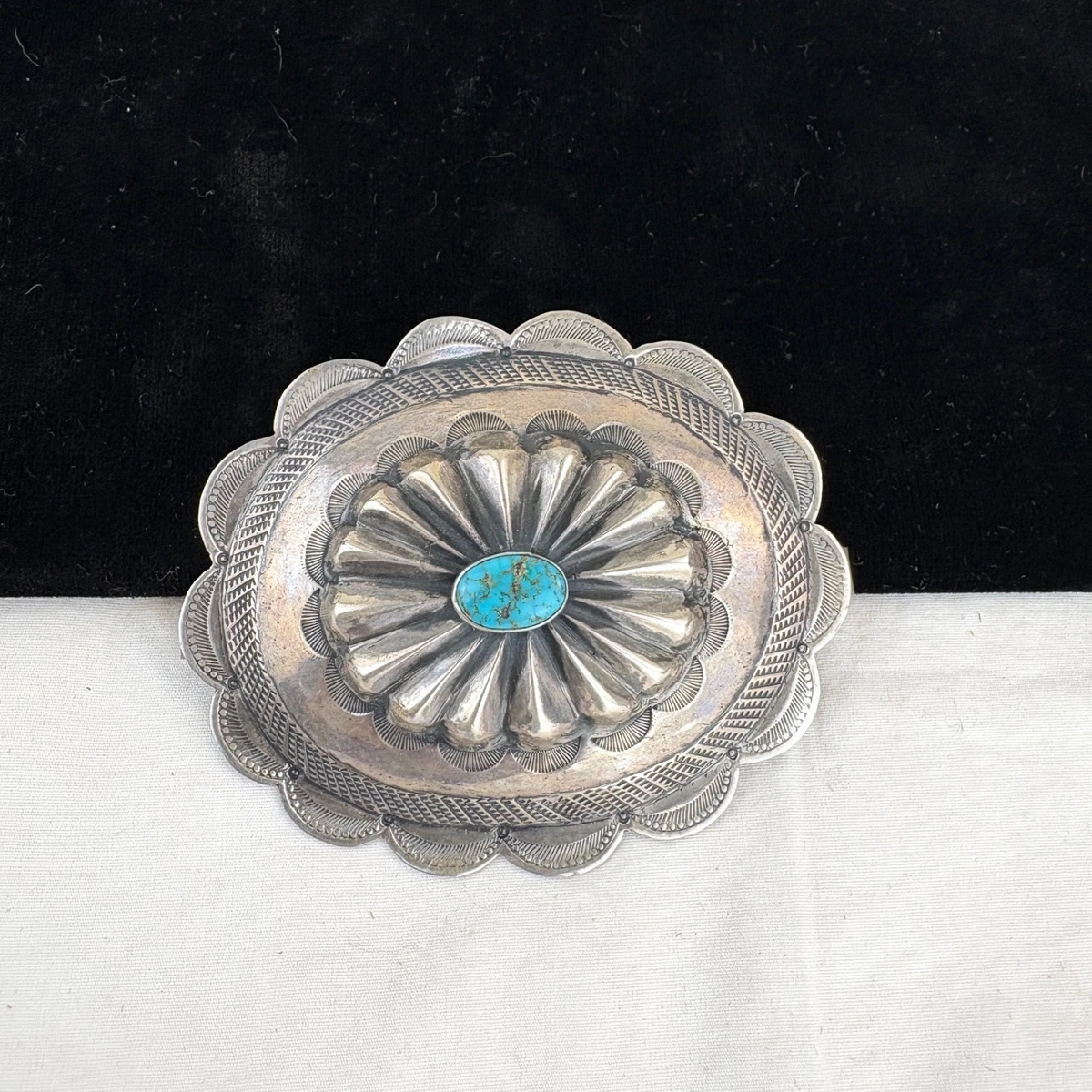 Vintage Navajo Sterling Silver Turquoise Belt Buckle 42g Sand Cast - Fan, Ketoh Sandcast Sterling Silver Navajo Handmade Turquoise Belt  main image 2