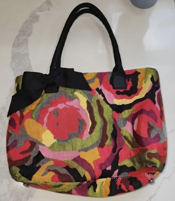 TALBOTS Multi Color Floral Bag With Black Bow Medium Size EUC Pink Satchel Purse