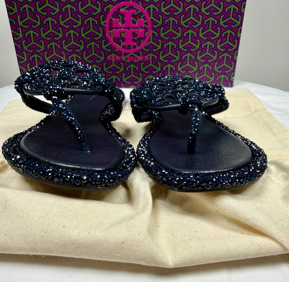 Tory Burch Women's Navy Miller Knotted Pave Thong Sandals US Size 8.5 NWB $300 - Image 3 of 4