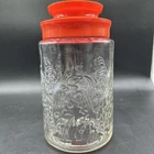 Vintage TANG Anchor Hocking Glass Jar LILIES Of The VALLEY Orange Plastic Lid