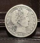 1913 D Silver Barber Half Dollar, 90% Silver, Good Condition, Low Mintage