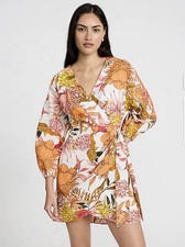 Express Floral Linen-Blend V-Neck Long Sleeve Tie Wrap Mini Sheath Dress Large