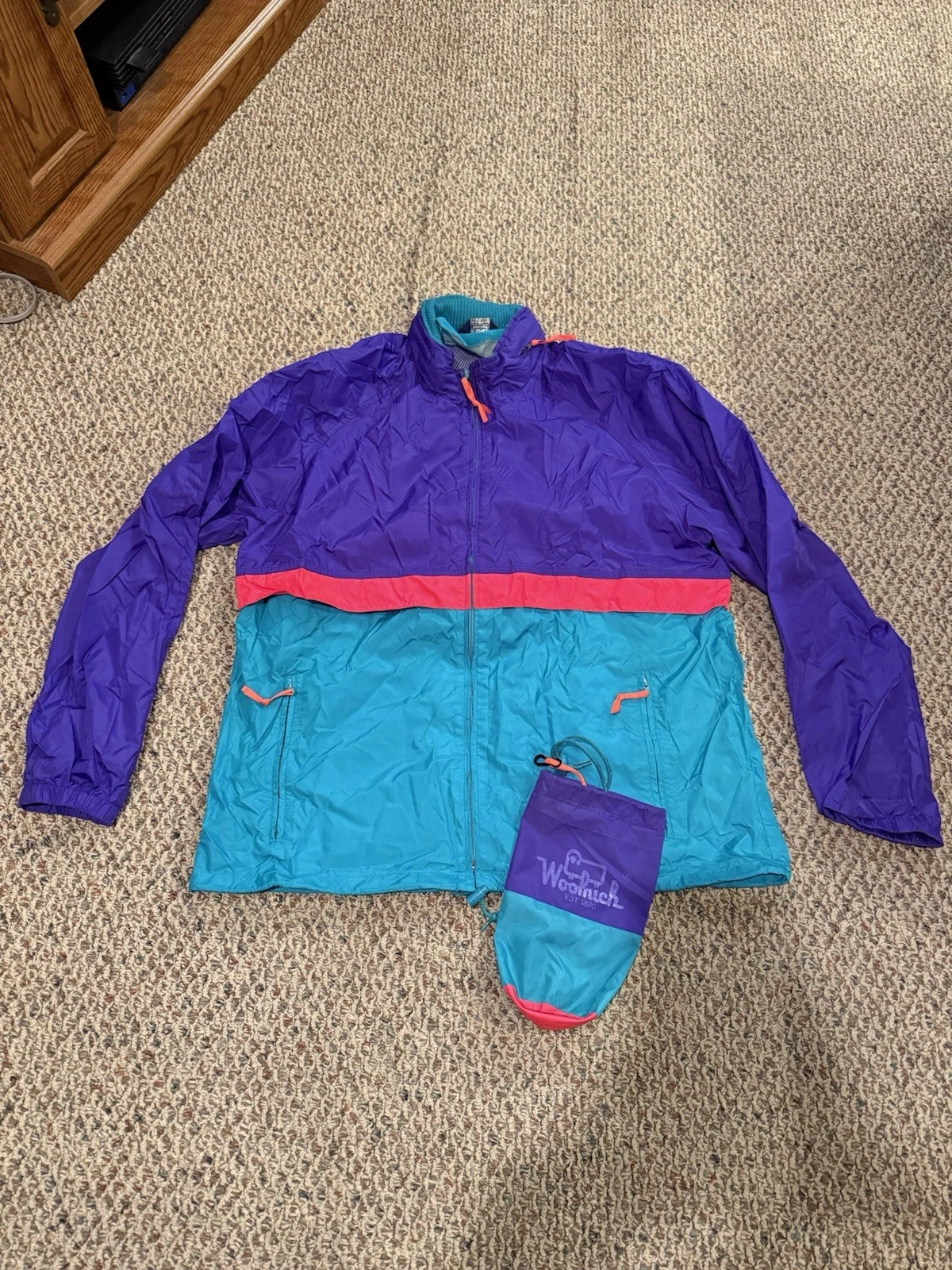 VINTAGE Woolrich Jacket Mens Large Purple Aqua Lightweight Collapsible Zip Hood