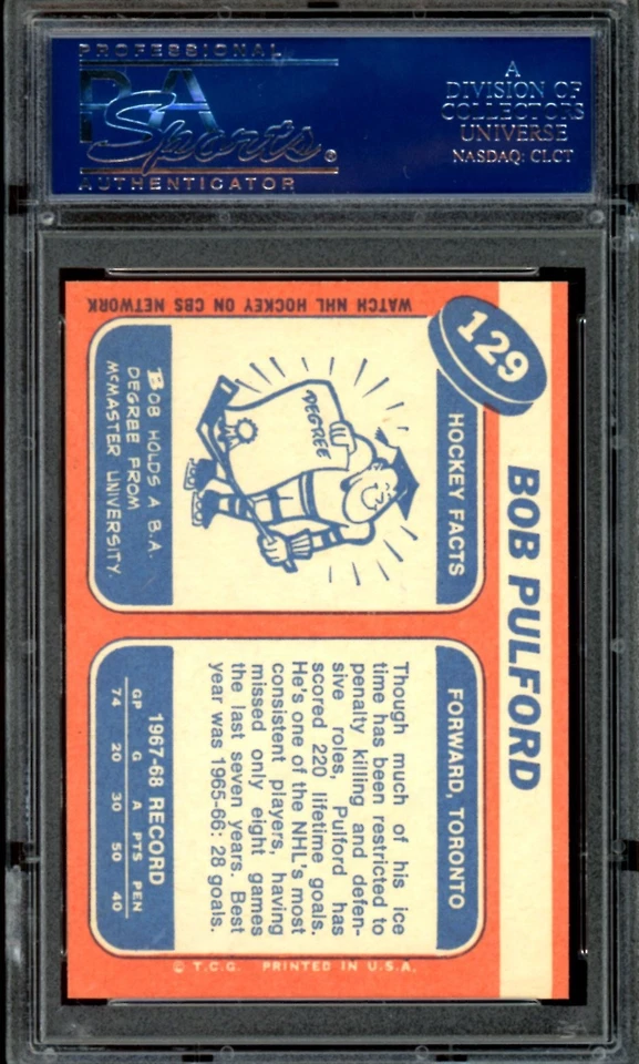 1968-69 Topps NHL Hockey #129 Bob Pulford HOF PSA 9 MINT oc Toronto Maple Leafs - Image 2 of 2