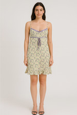 URBAN OUTFITTERS Ditsy FLORAL RUCHE Coquette RIBBON BOW Grunge MINI SLIP Dress M