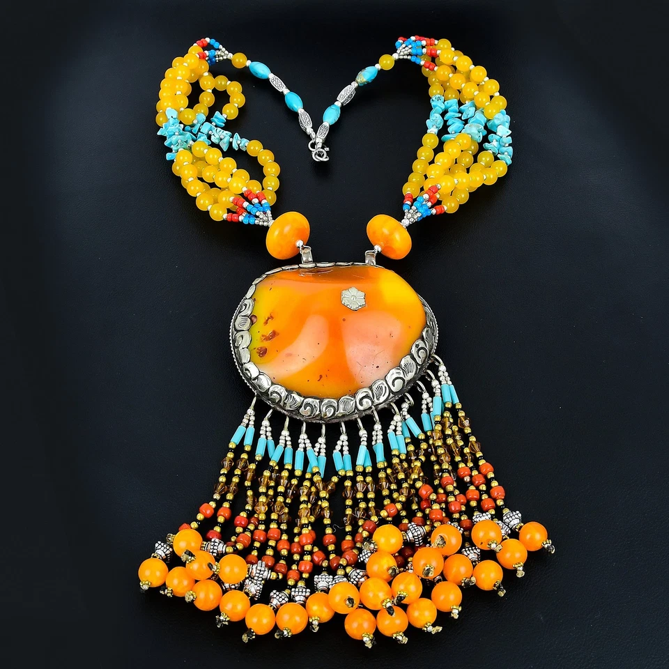Amarillo Ámbar Turquesa Ónix Bohemio 925 Plata Esterlina Collar de Cuentas 18... - Imagen 2 de 4