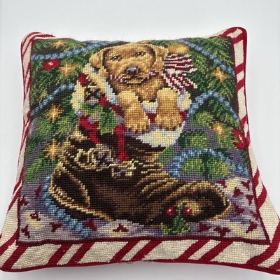 Vintage Christmas Needlepoint Pillow Golden Retriever Puppy in Boot Red Velvet