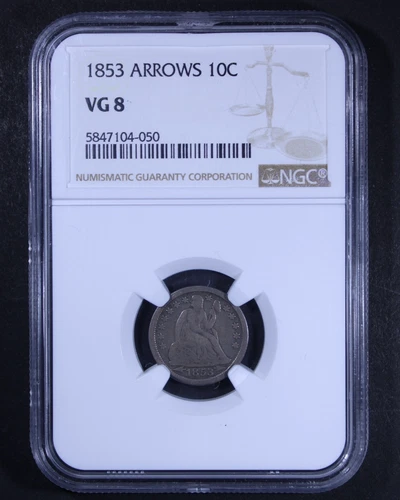 1853 Seated Liberty Dime - 10c NGC VG8 - Arrows Variety - Nice Original Coin