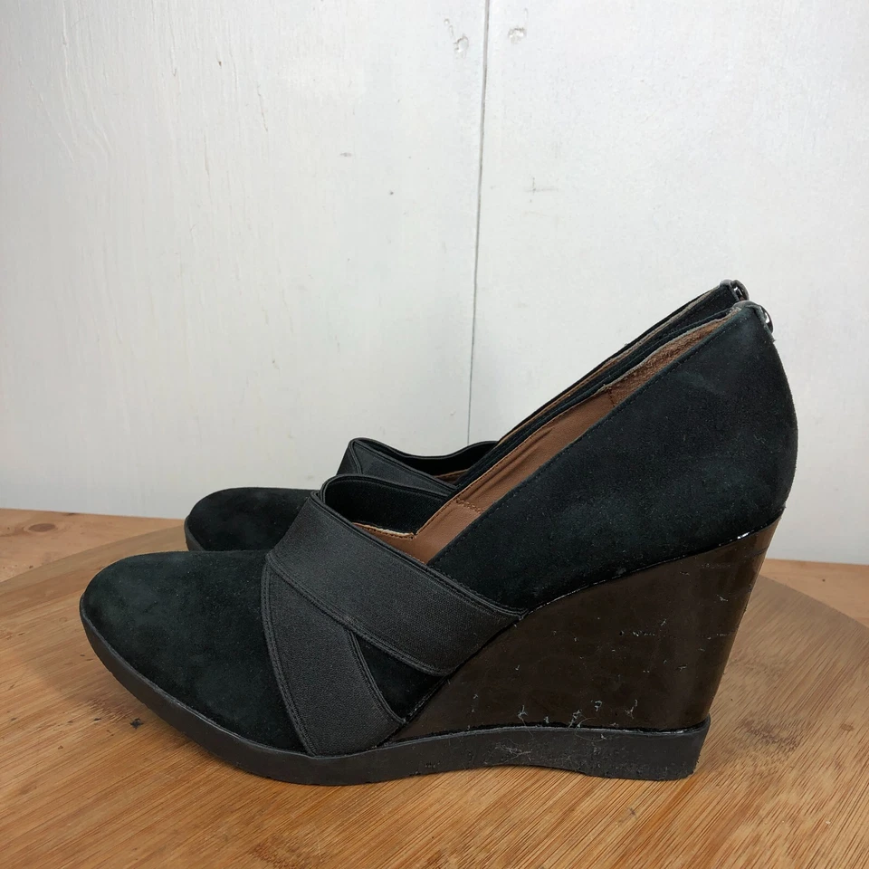 Sapatos Donald Pliner Feminino 9,5 M Salto Carla Preto Camurça Cunha Alta Carreira - Imagem 2 de 4